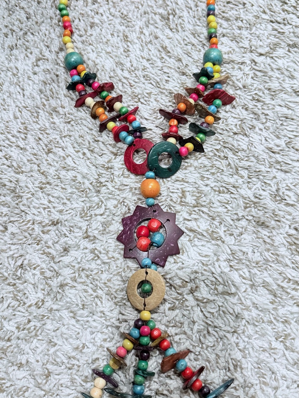 Long Colorful Wooden Bead Necklace, Handmade Boho Coconut Shell Jewelry.